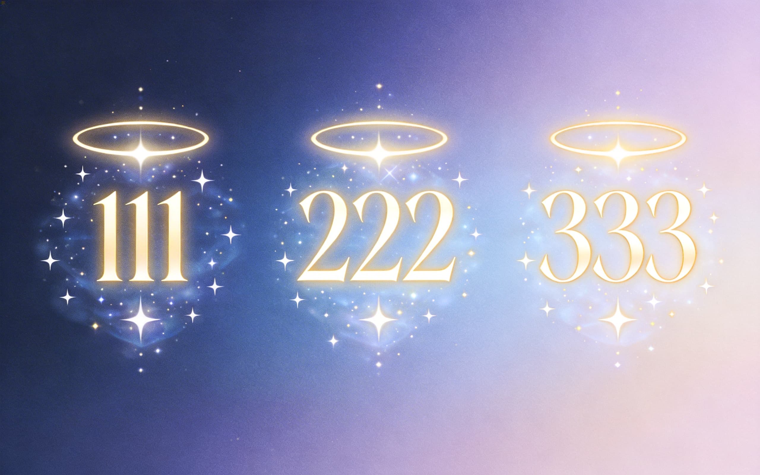 A glowing angel number message card against a cosmic background